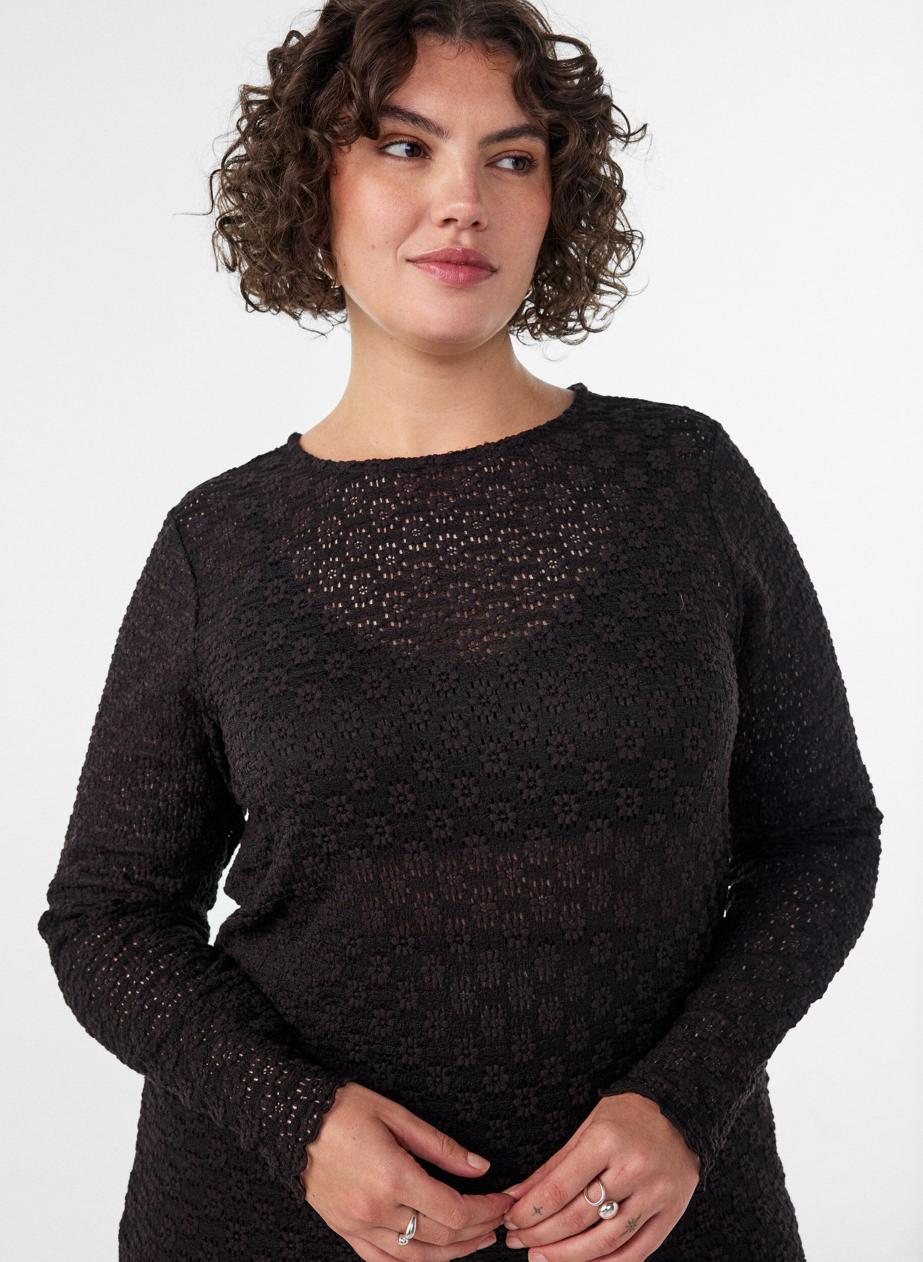 ZizziBlouse met ajourpatroon en lange mouwen, Zwart, Model image number 3