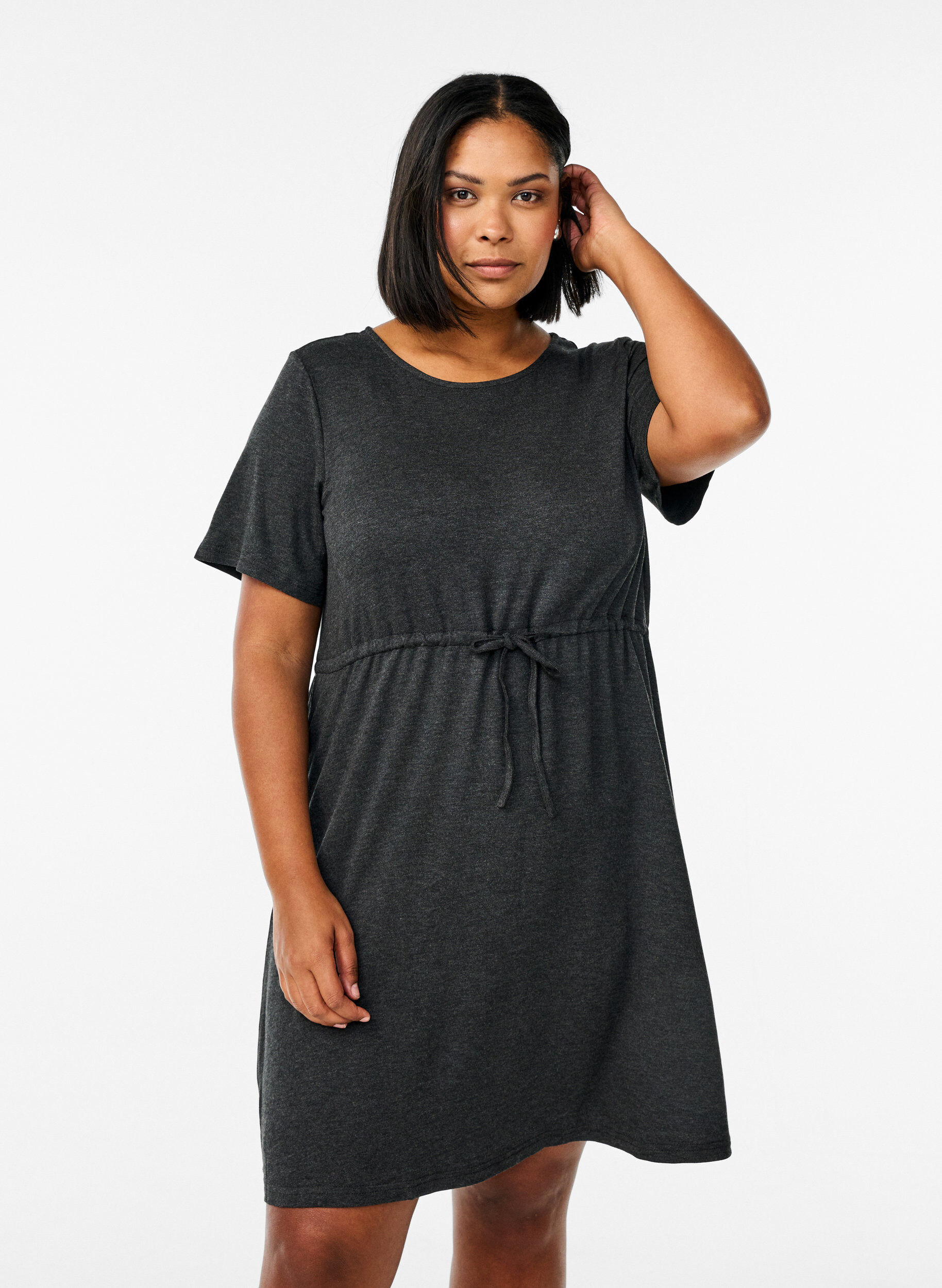 ZizziKorte jurk in jersey met strikceintuur, Grijs, Model image number 0