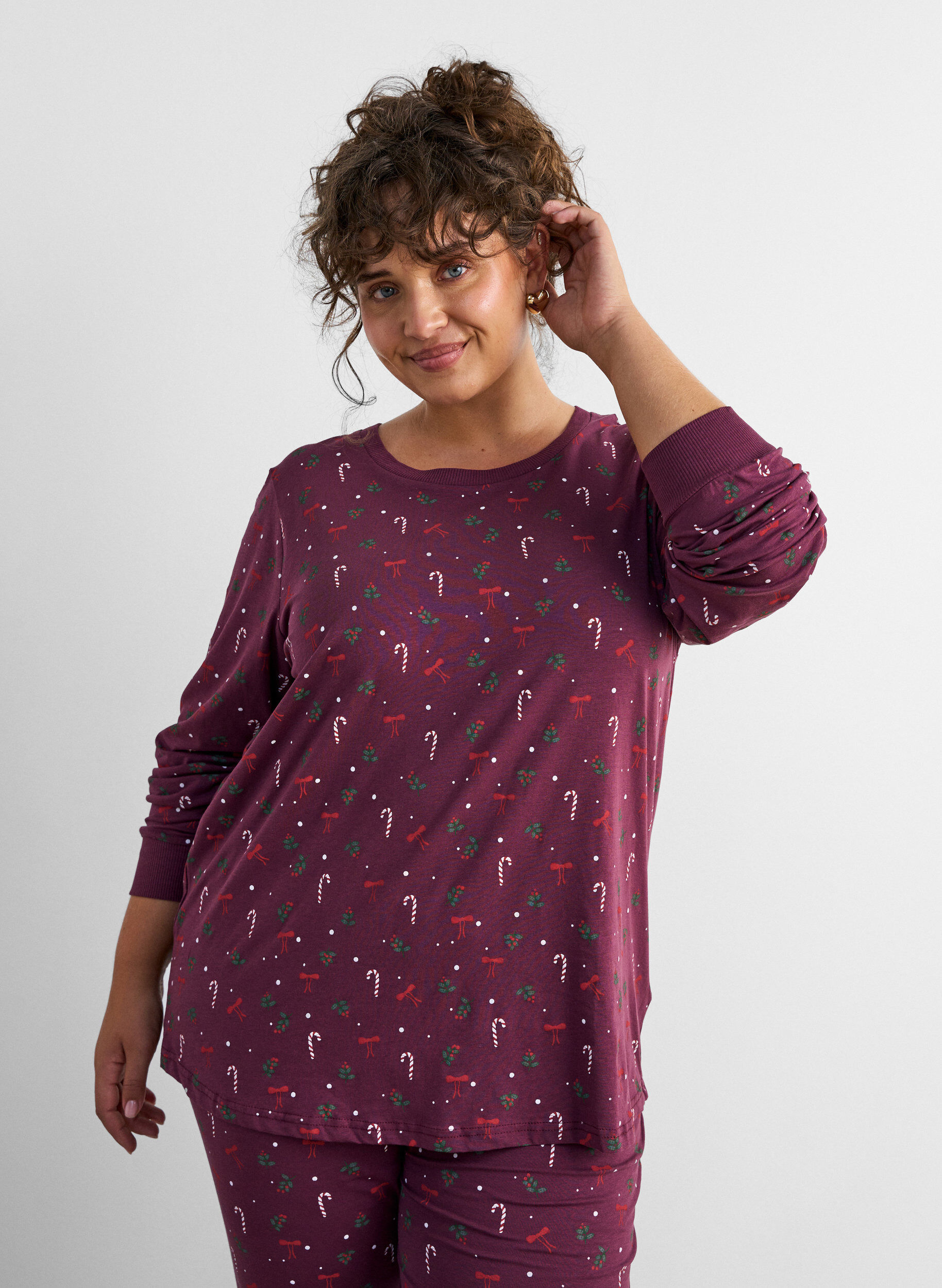 Nachtblouse met een print, Donker Bordeaux, Model