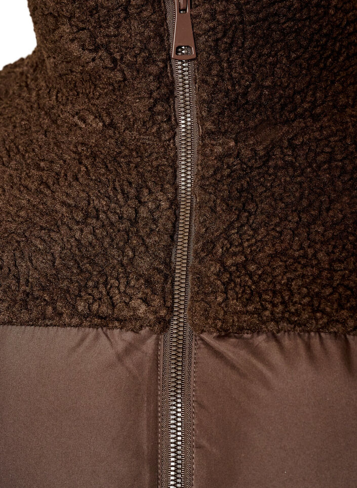 Halflange pufferjas met teddystof, Bruin, Packshot image number 2