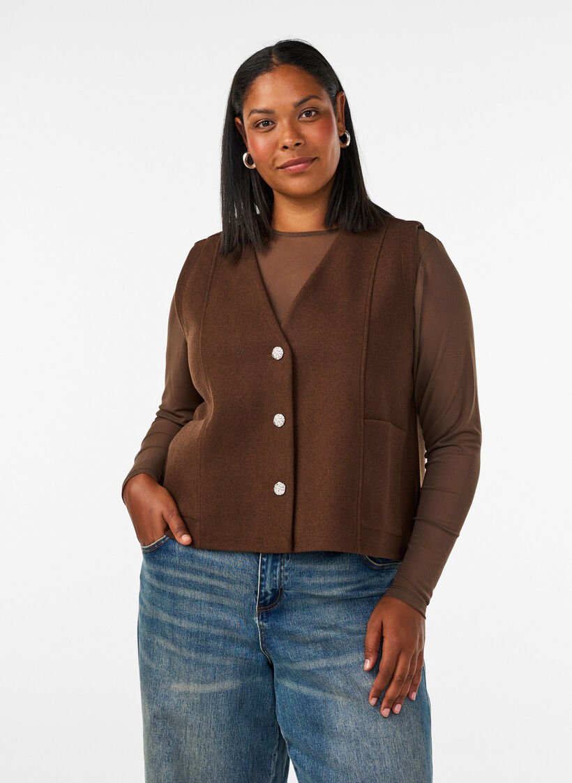 V-hals gilet met knopen, Bruin, Model image number 0