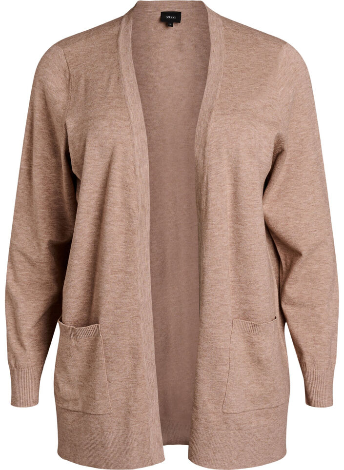 Lange open knit vest met zakken, Beige, Packshot image number 0