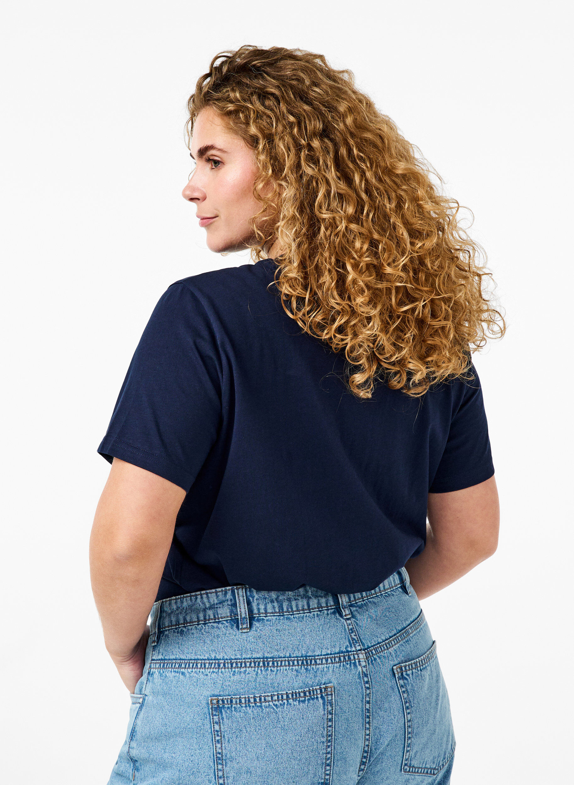 ZizziBasic katoenen T-shirt met ronde hals, Blauw, Model image number 2
