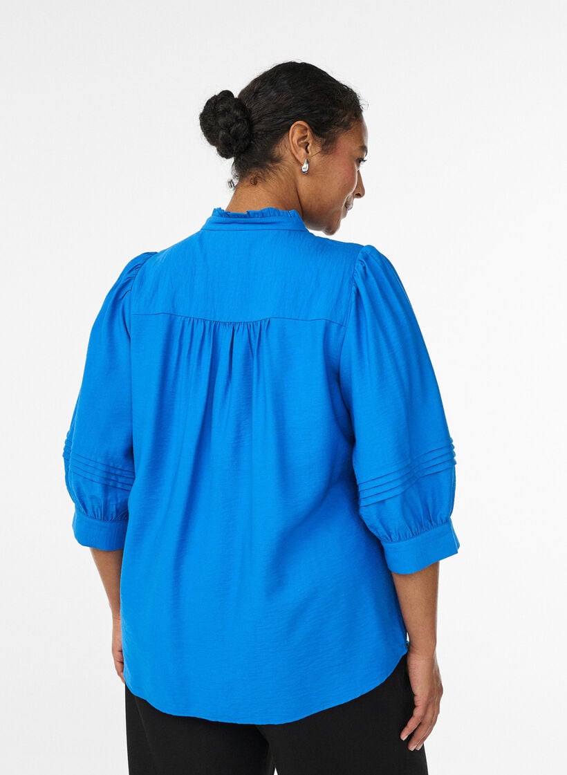 Blouse met 3/4 mouwen en decoratieve plooien, Blauw, Model image number 2
