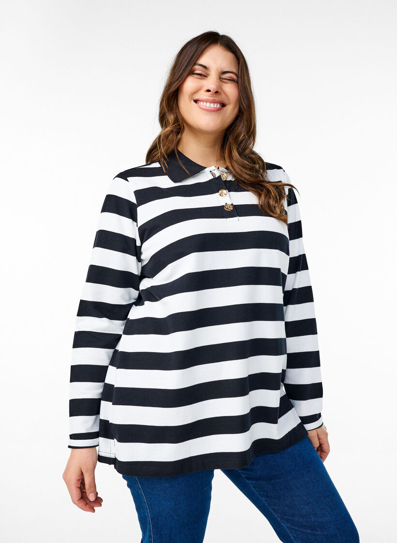 Gestreepte polo met lange mouwen, Zwart, Model image number 0