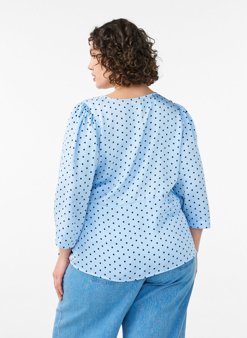 Blouse &agrave; pois avec lien &agrave; nouer et manches 3/4, Bleu Clair, Model image number 2