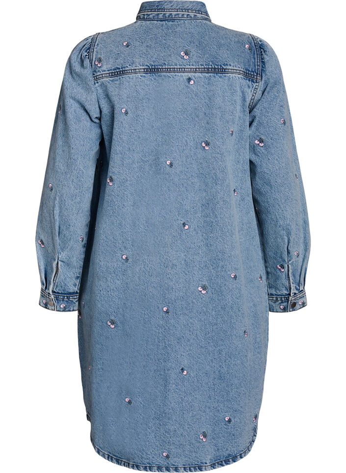 Denimjurk met kersen en borstzakken, Blauw, Packshot image number 1