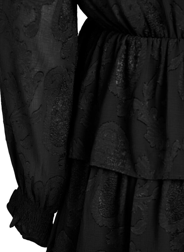 Korte jurk met ruches en een textuurpatroon, Zwart, Packshot image number 3