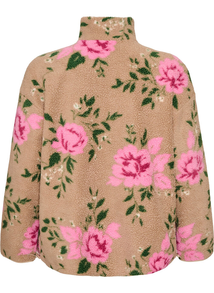Floral fleecejack met een hoogsluitende kraag en ritssluiting, Beige, Packshot image number 1