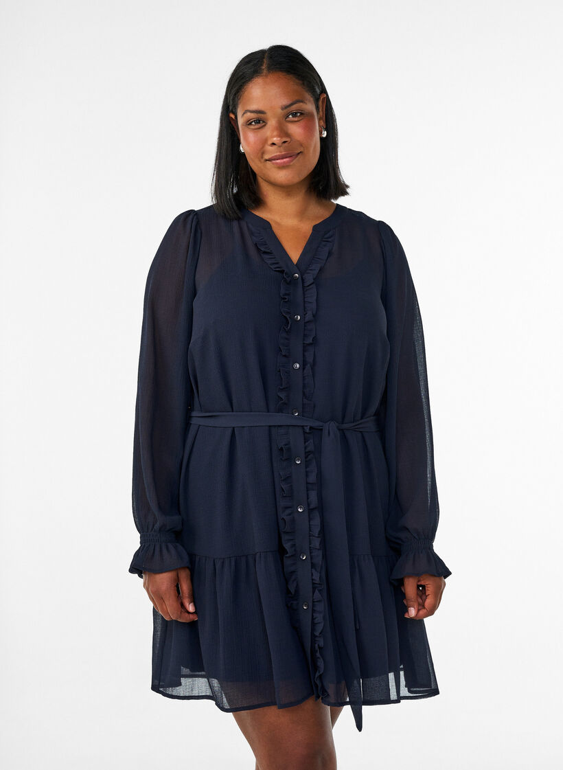 Korte jurk met ruches en een strikceintuur, Blauw, Model image number 0