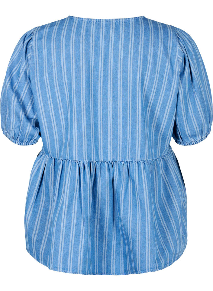 Denim blouse met korte mouwen en streeppatroon, Blue Denim Stripe, Packshot