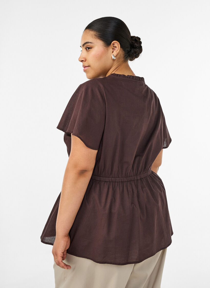 Katoenen blouse met strik en elastische taille, Bruin, Model image number 2
