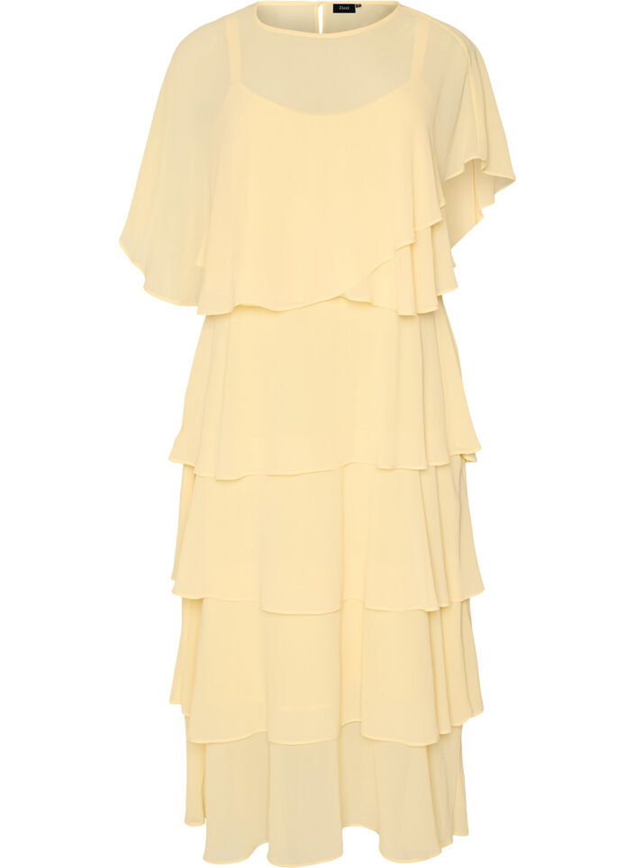 Maxi jurk met ruches en afneembare cape, Geel, Packshot image number 0