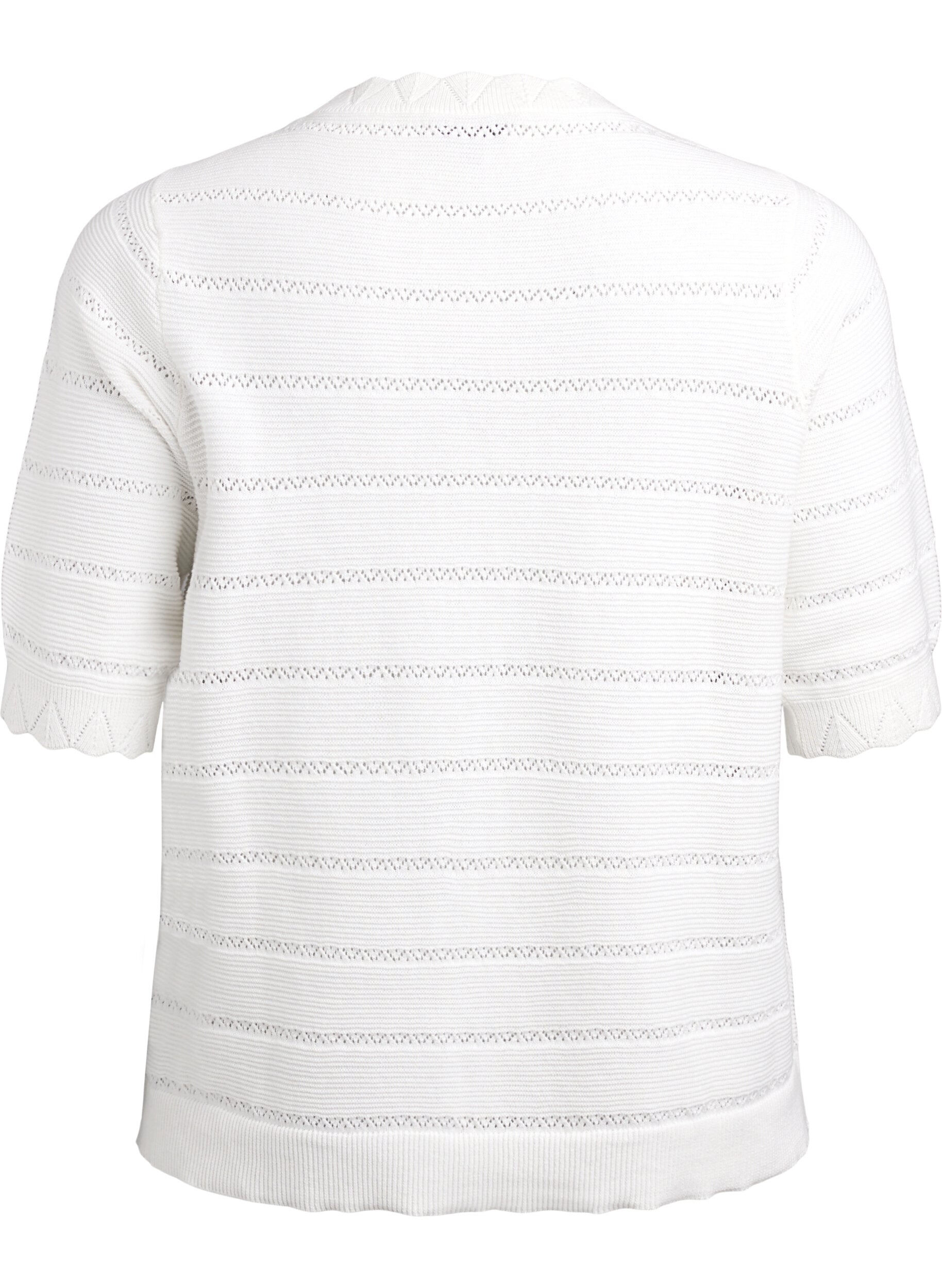 ZizziGebreide blouse met een gestreept opengewerkt patroon en korte mouwen, Vanille, Packshot image number 1