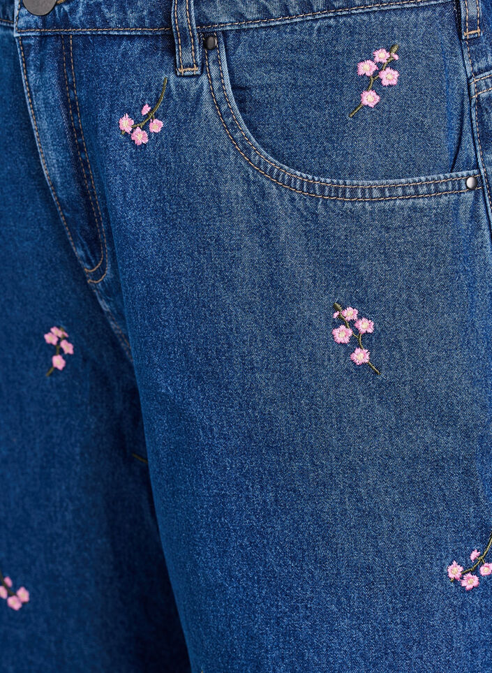 Korte spijkerbroek met geborduurde bloemen, Blauw, Packshot image number 2
