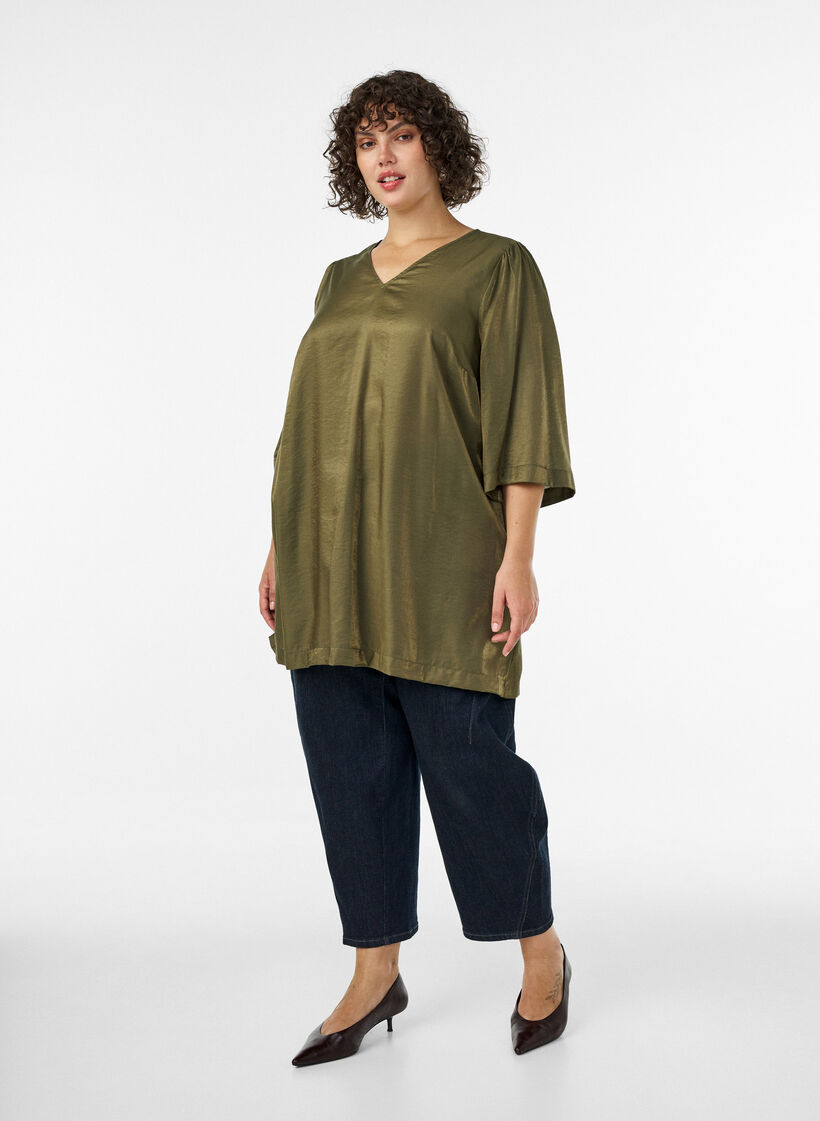 Glanzende tuniek met V-hals en 3/4 mouwen, Groen, Model image number 1