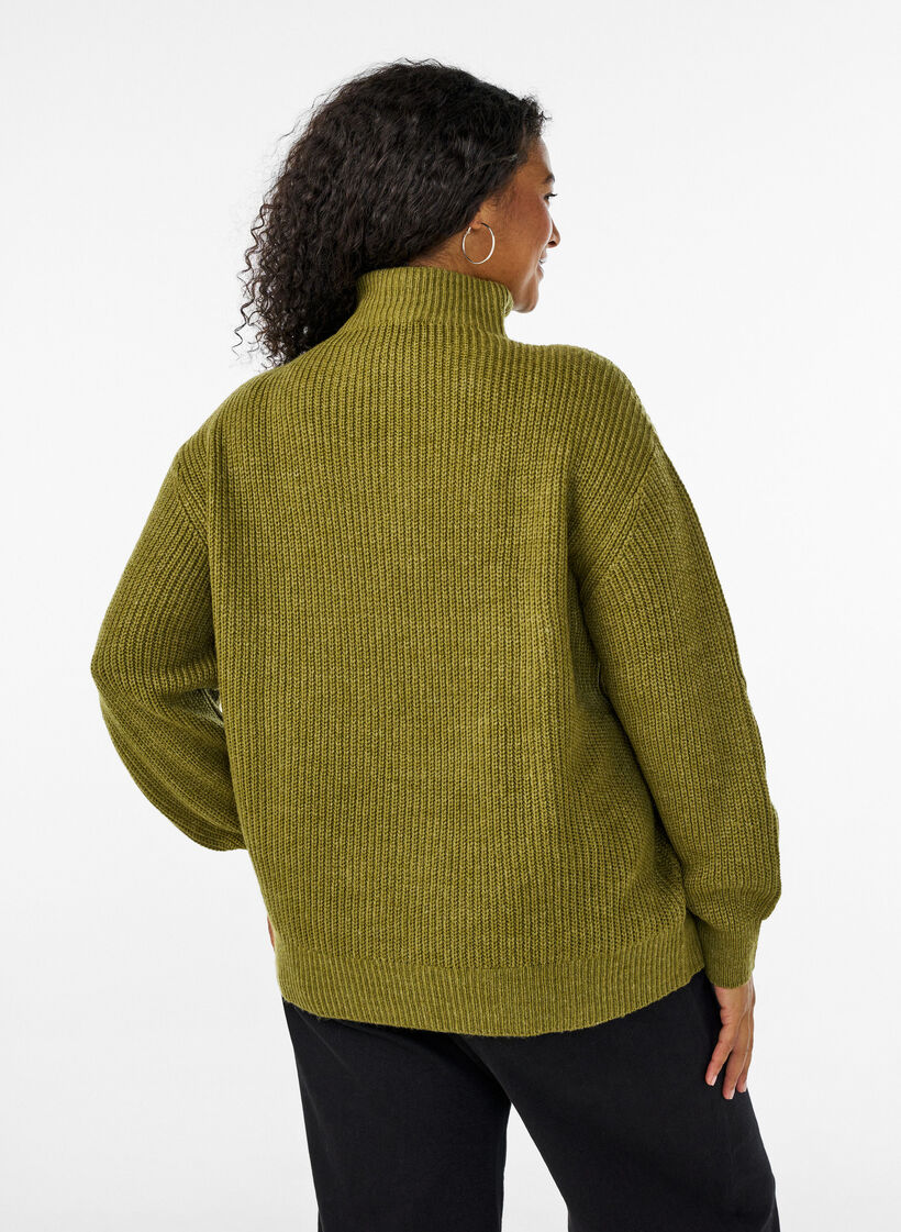 Gebreide trui met hoge hals en rits, Groen, Model image number 2