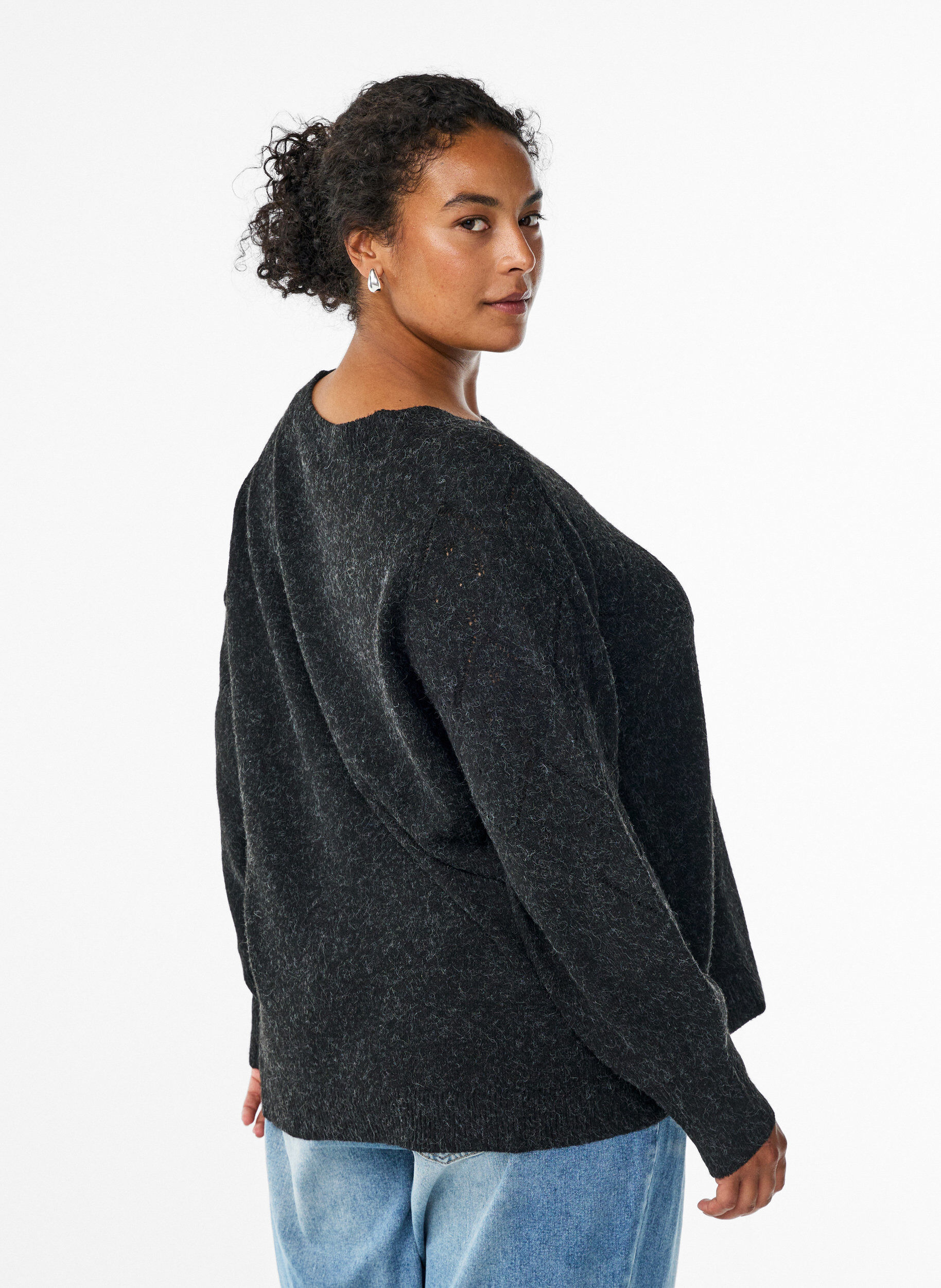 ZizziGebreide top met opengewerkt patroon en ballonnen mouwen, Grijs, Model image number 2