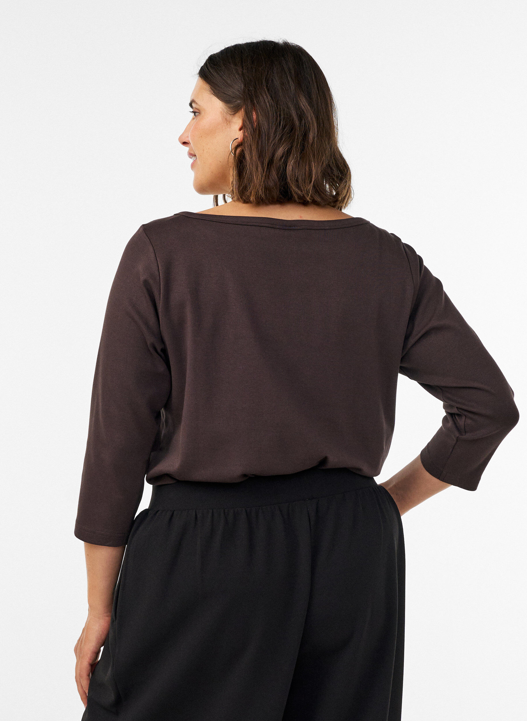 ZizziBasic T-shirt met boothals en 3/4-mouwen, Bruin, Model image number 2