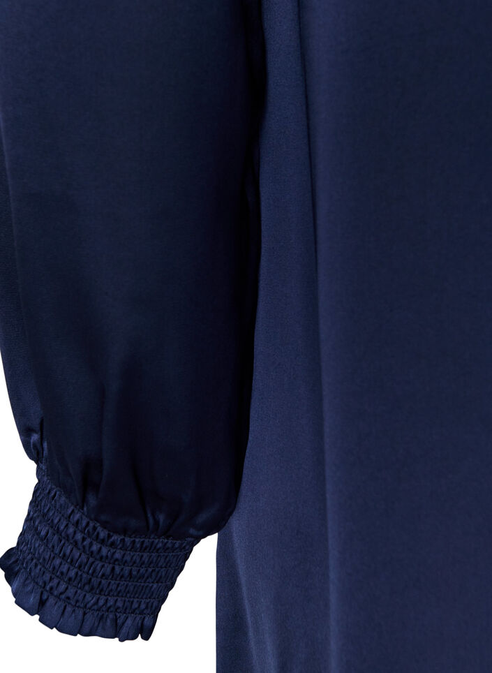 Satijnen jurk met lange mouwen en V-hals, Blauw, Packshot image number 3