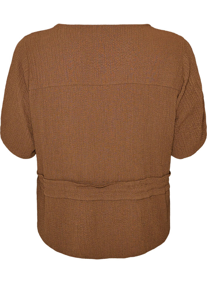 Blouse met textuur en een strik in de taille, Bruin, Packshot image number 1