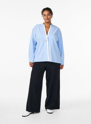 ZizziGestreept shirt met decoratieve sluiting, Light Blue Stripe , Model image number 2