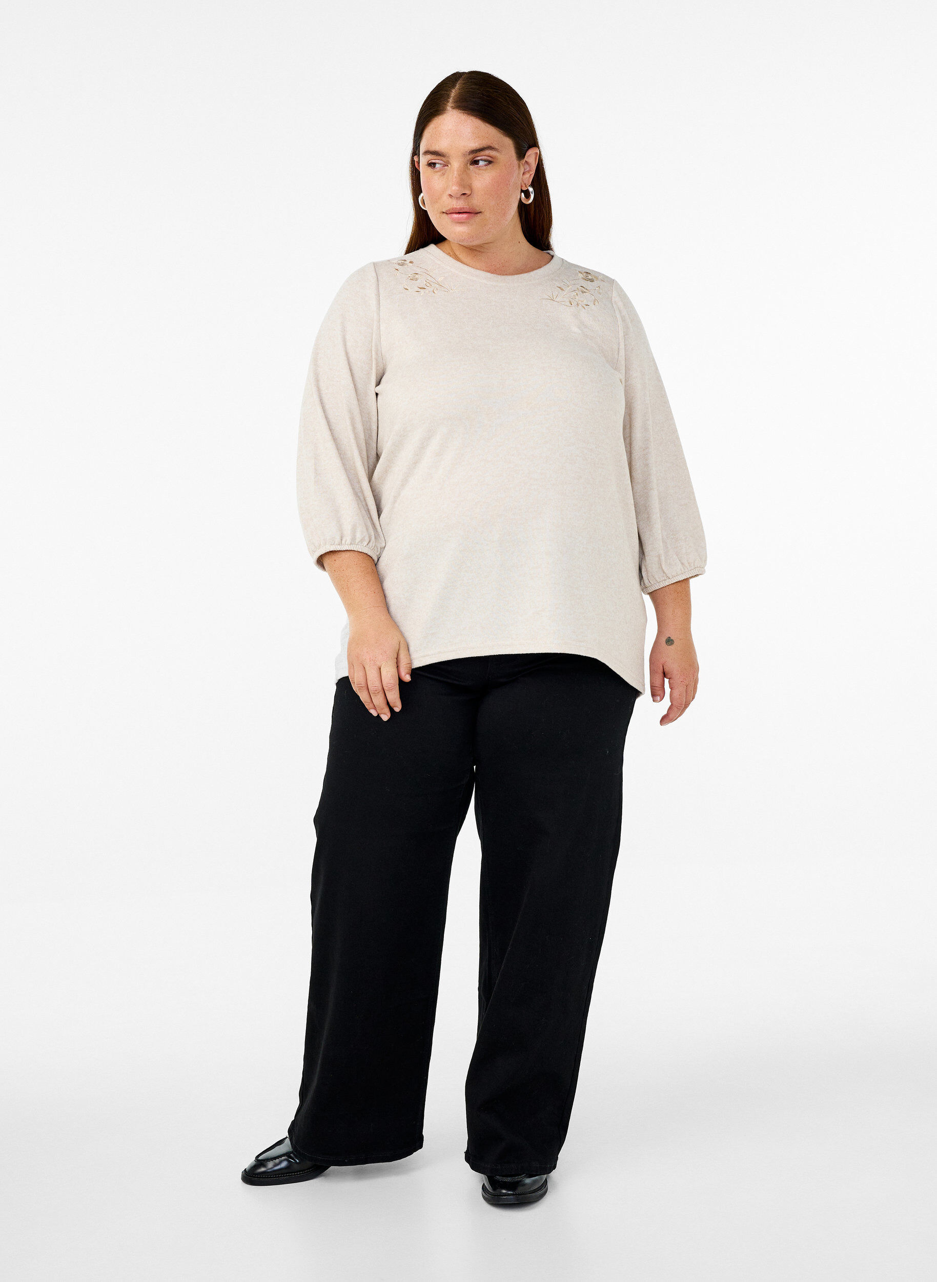 ZizziBlouse met bloemenborduursel en 3/4 mouwen, Oatmeal Melange, Model image number 2