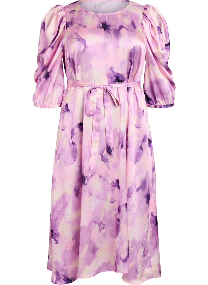 Feestjurk met korte mouwen en strikceintuur, Paars, Packshot image number 0