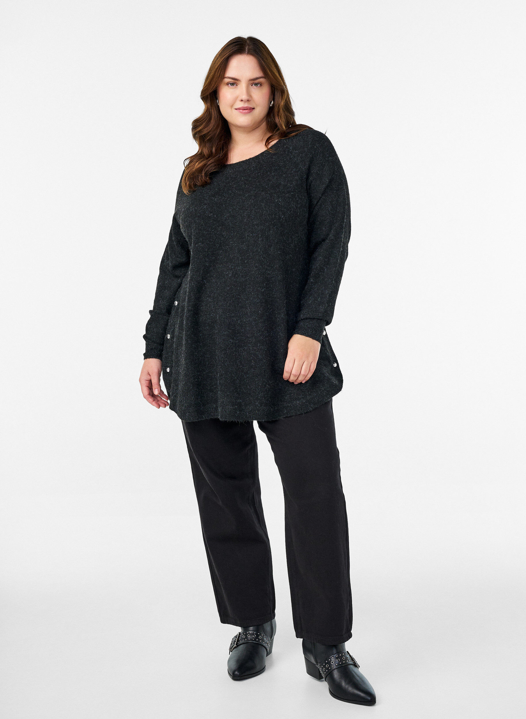 ZizziLange gebreide blouse met bolknopen, Grijs, Model image number 1