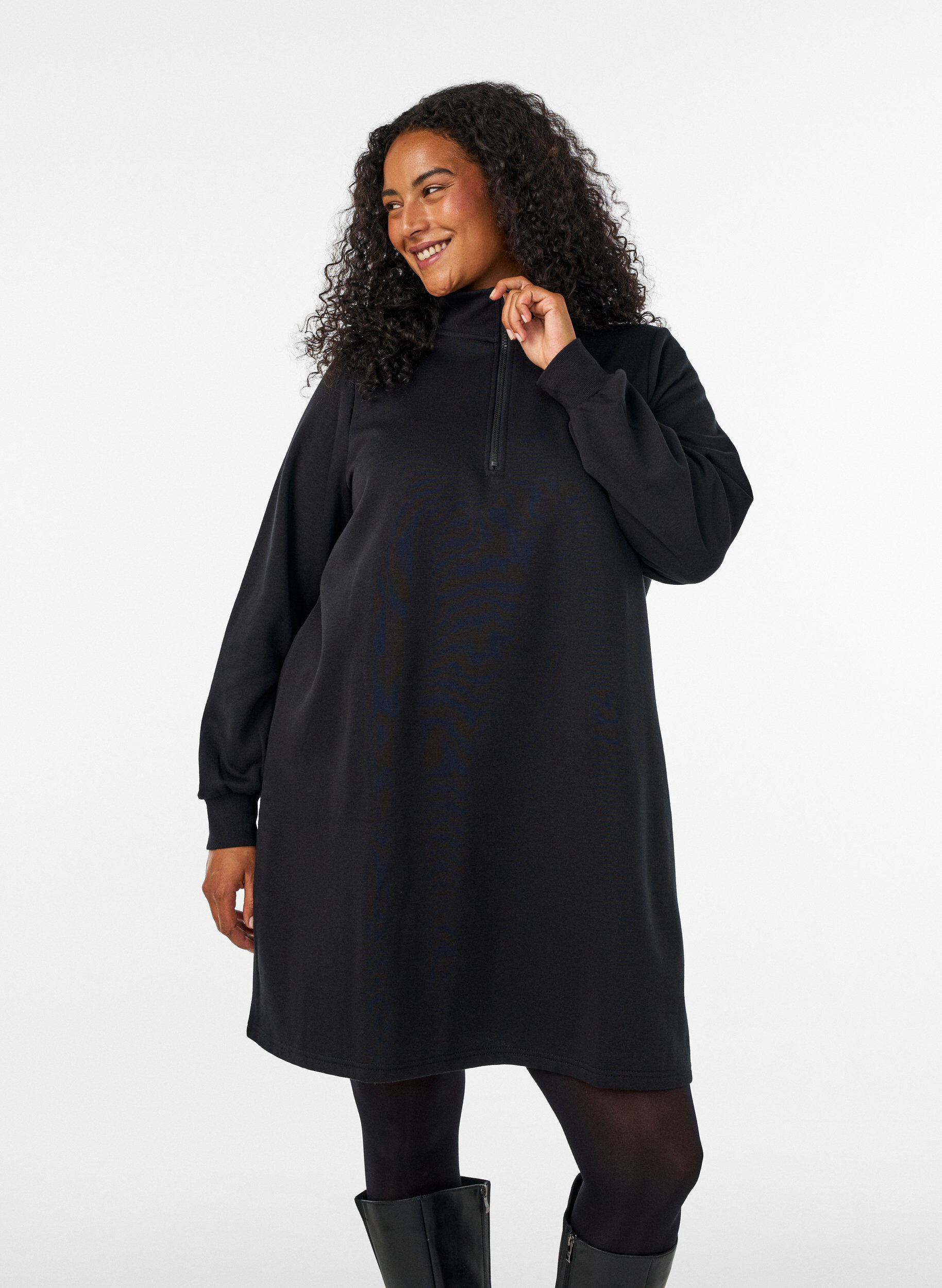 ZizziSweatshirtjurk met hoge ribkraag en rits, Zwart, Model image number 0