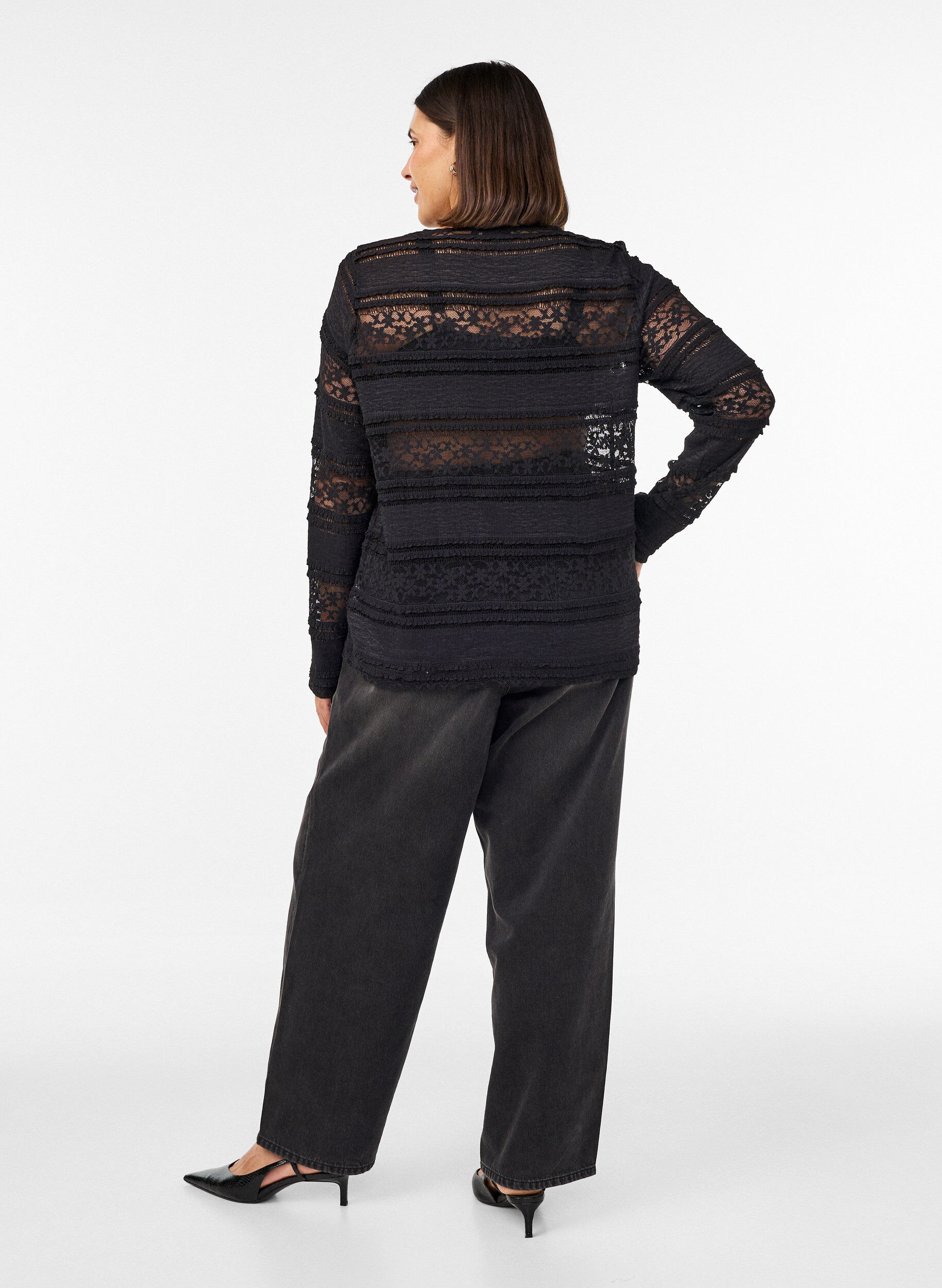 ZizziKanten blouse met lange mouwen, Zwart, Model image number 2