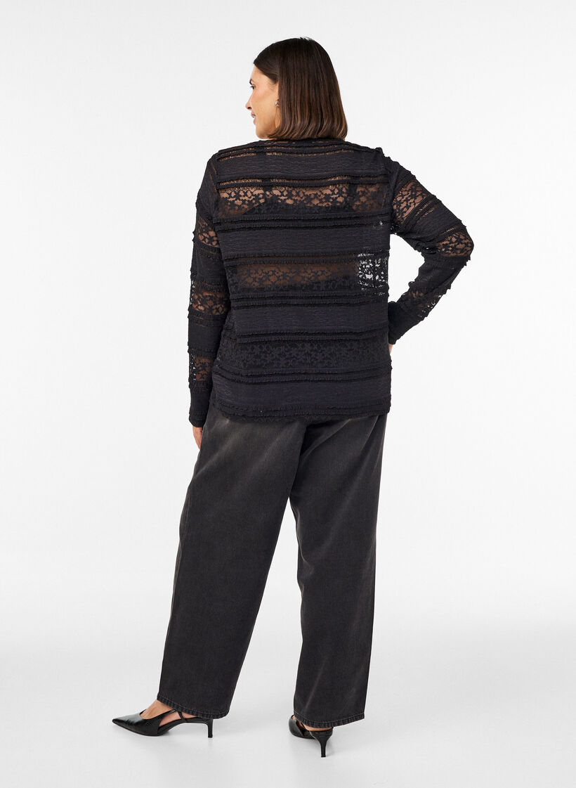 Kanten blouse met lange mouwen, Zwart, Model image number 2