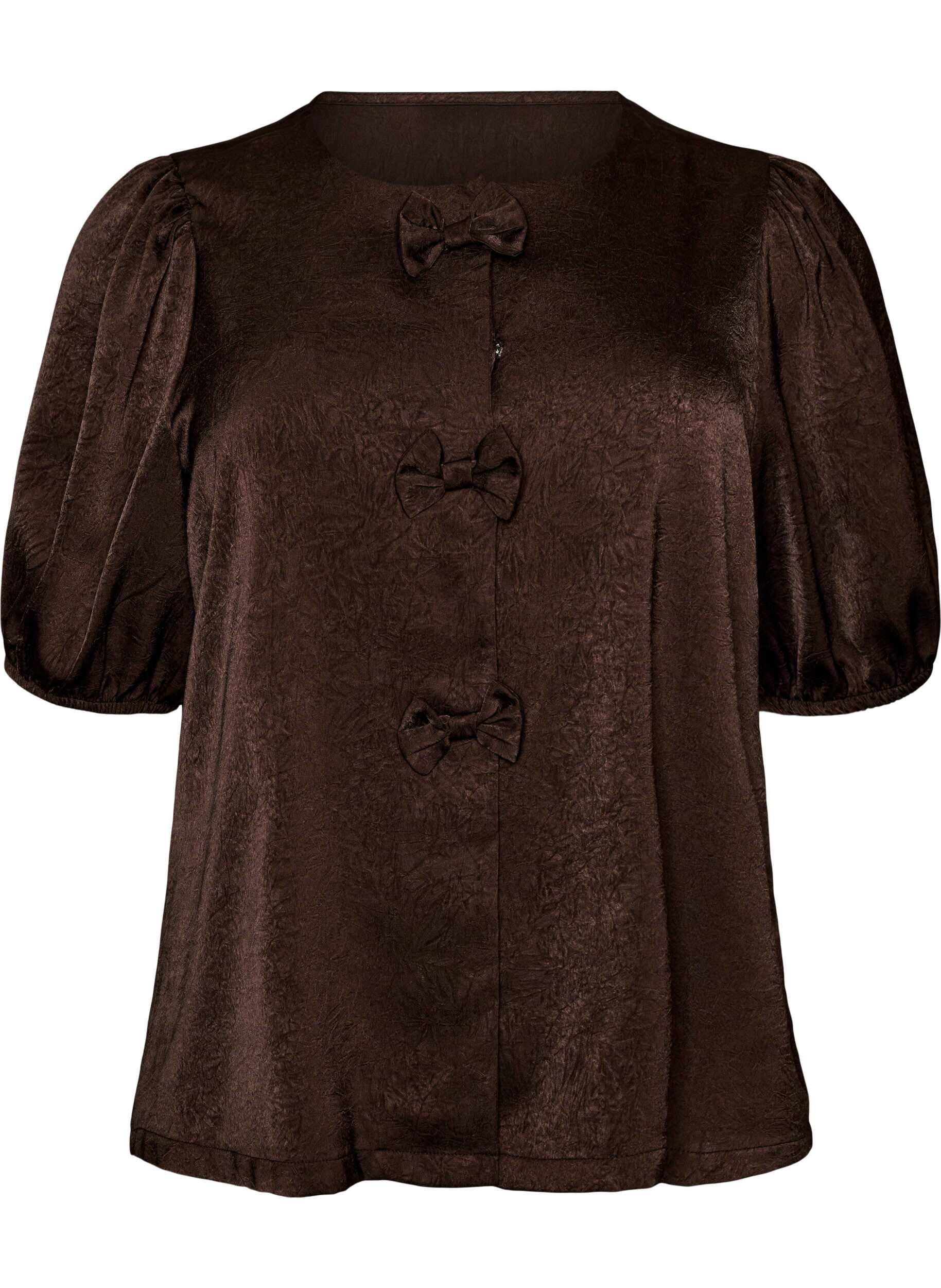 Satijnen blouse met strikjes en ellebooglange mouwen
