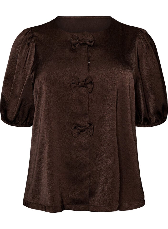 Satijnen blouse met strikjes en ellebooglange mouwen, Bruin, Packshot image number 0