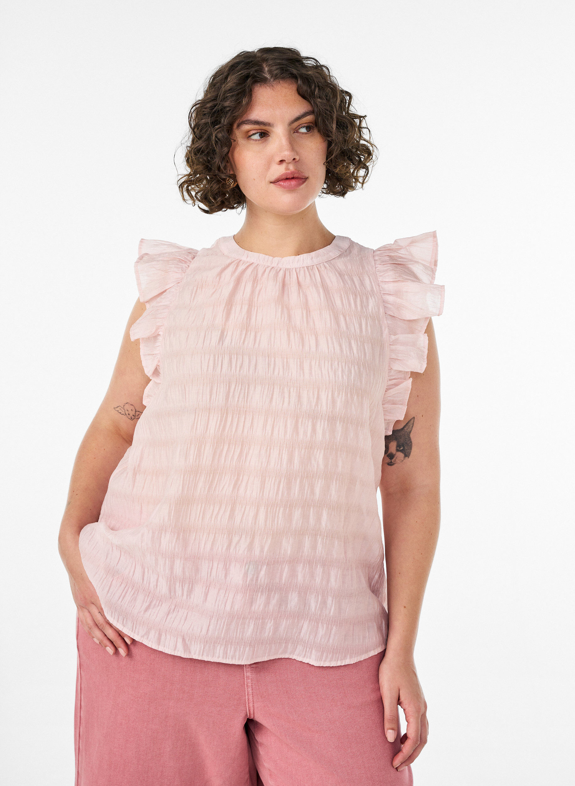 Blouse met textuur en ruches zonder mouwen, Roze, Model