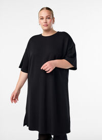 T-shirtjurk van jersey met zijsplitten, Zwart T-shirtjurk van jersey met zijsplitten, Zwart, Model