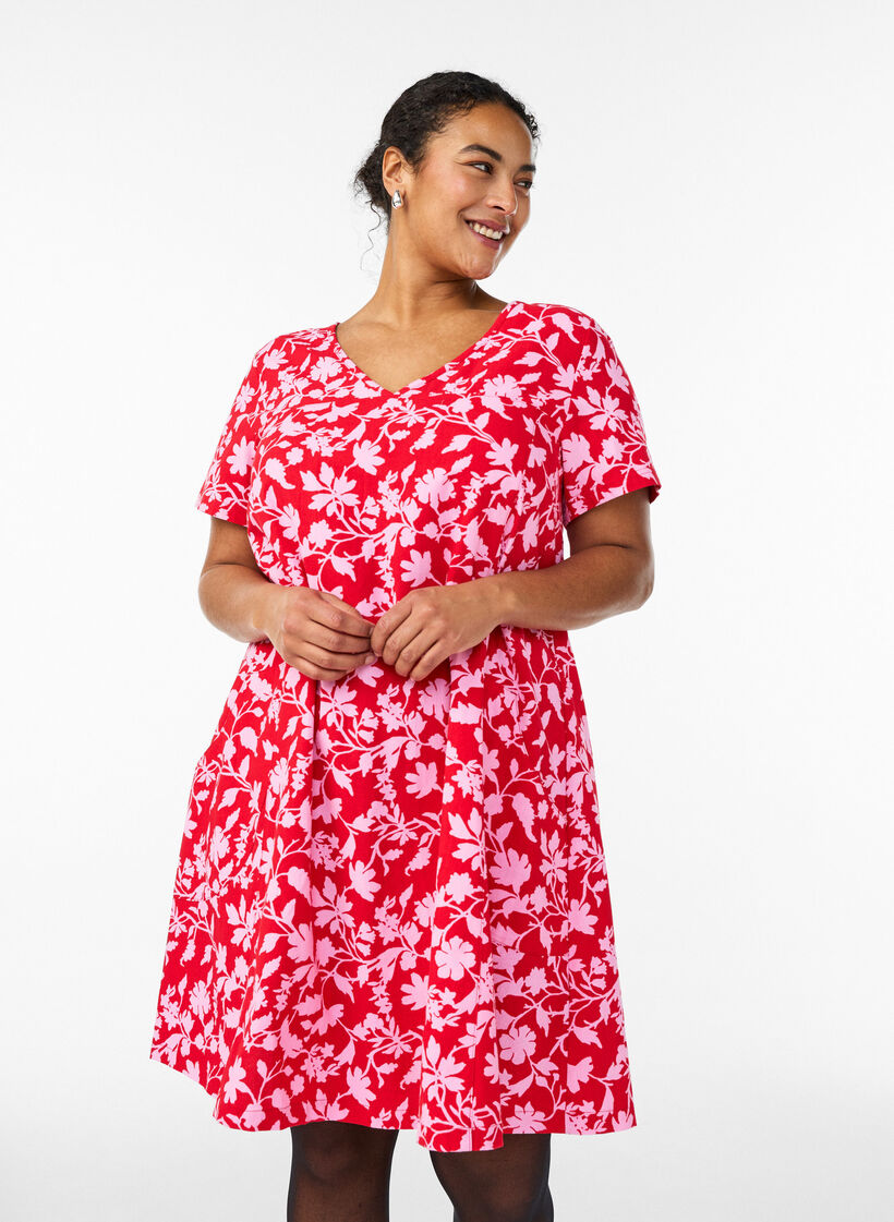 Korte a-lijn jurk met bloemenprint, Rood, Model image number 0