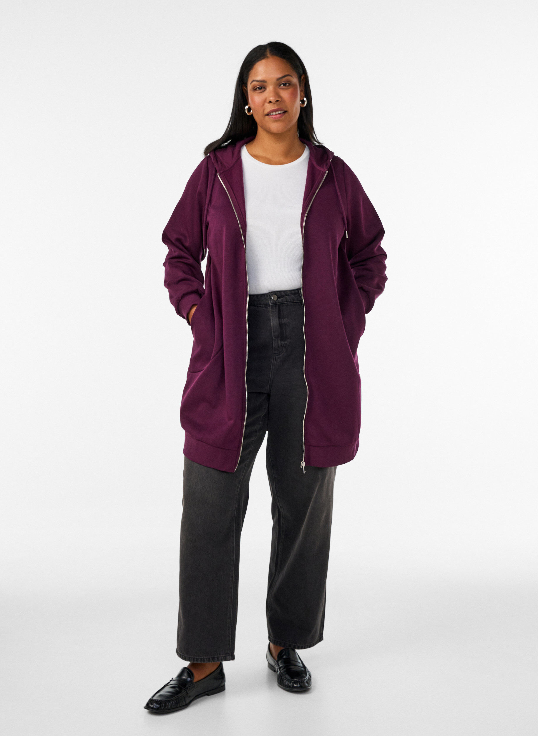 ZizziLange hoodie met ritssluiting en zakken, Paars, Model image number 1