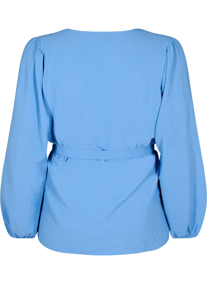 Omslagblouse met lange mouwen en striksluiting, Della Robbia Blue, Packshot