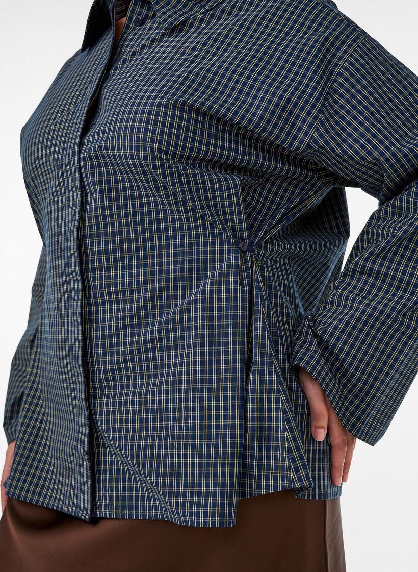 Katoenen overhemd met ruitpatroon en onzichtbare knoopsluiting, Blauw, Model image number 3