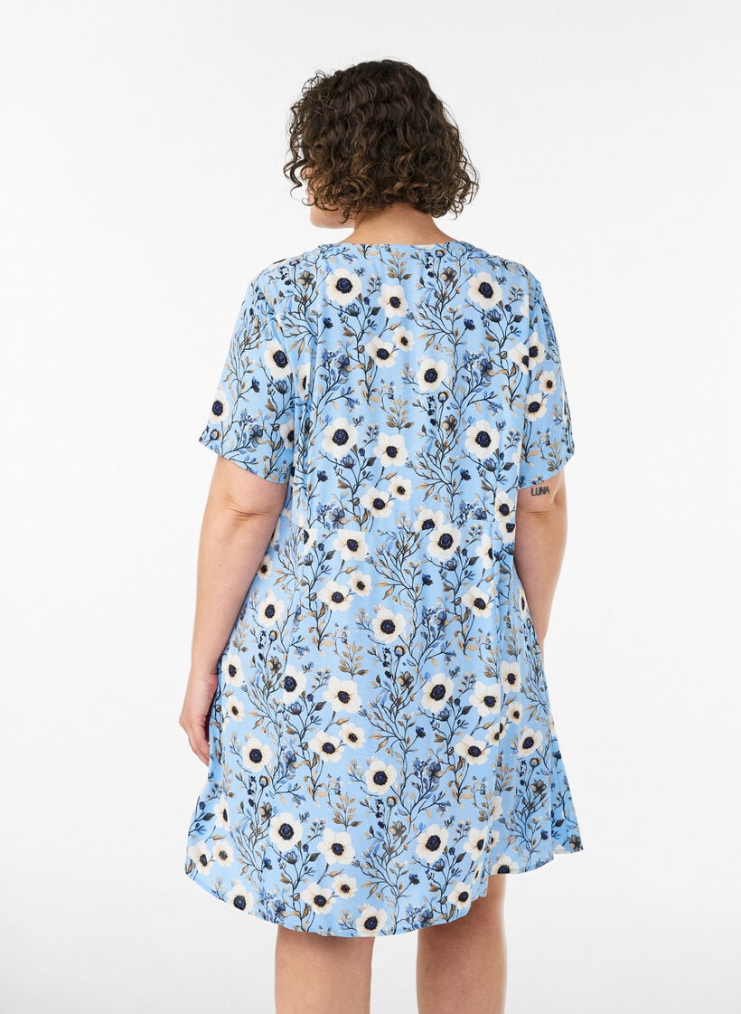 Korte jurk met bloemenprint, Blauw, Model image number 2