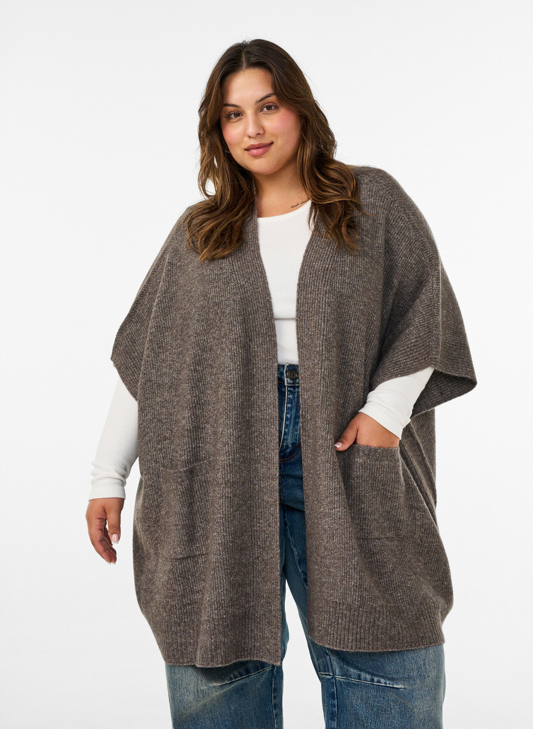 Cardigan met open voorkant en wijde mouwen, Bruin, Model