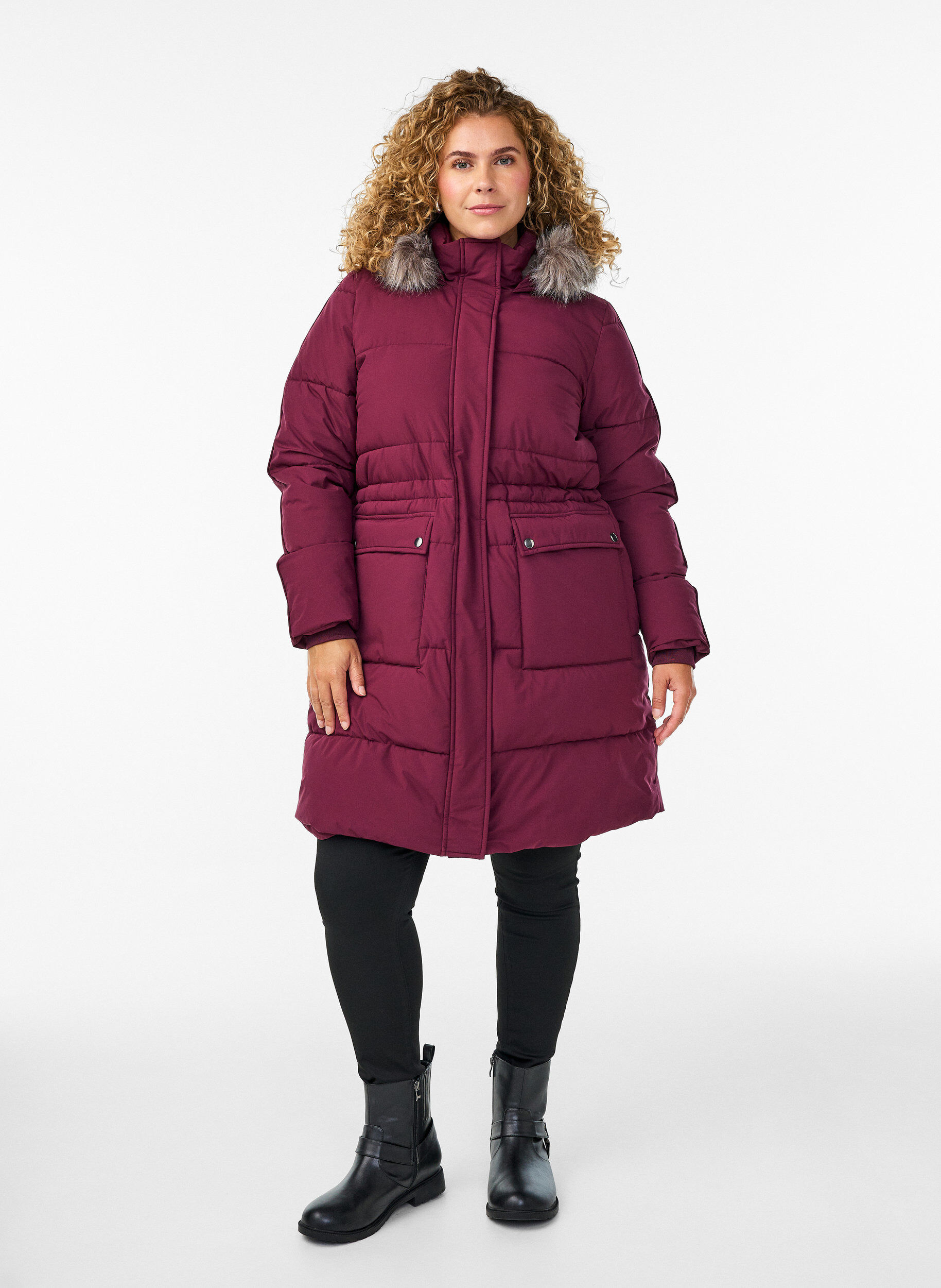 ZizziWaterafstotende parka met imitatiebontkraag, Donker Bordeaux, Model image number 1