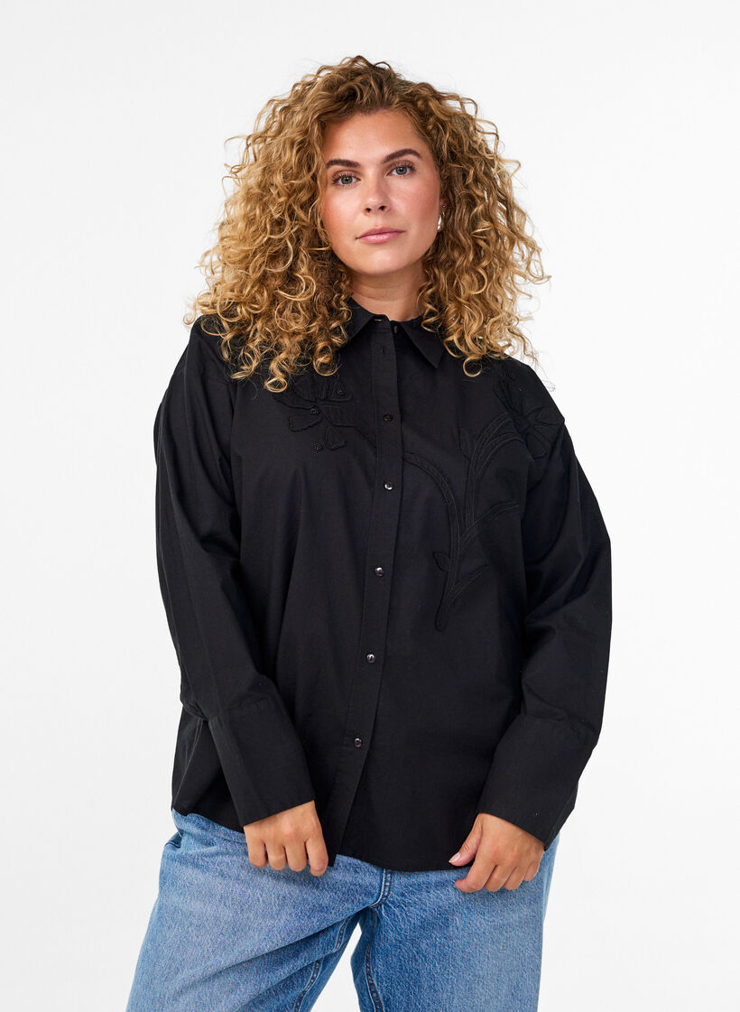 Katoenen shirt met ton-sur-ton bloemenborduursel, Black, Model