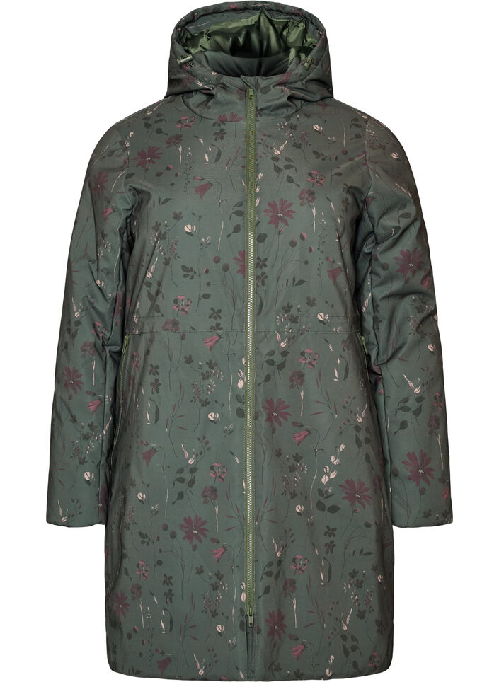 Gewatteerde winterjas met bloemenprint, Groen, Packshot image number 0