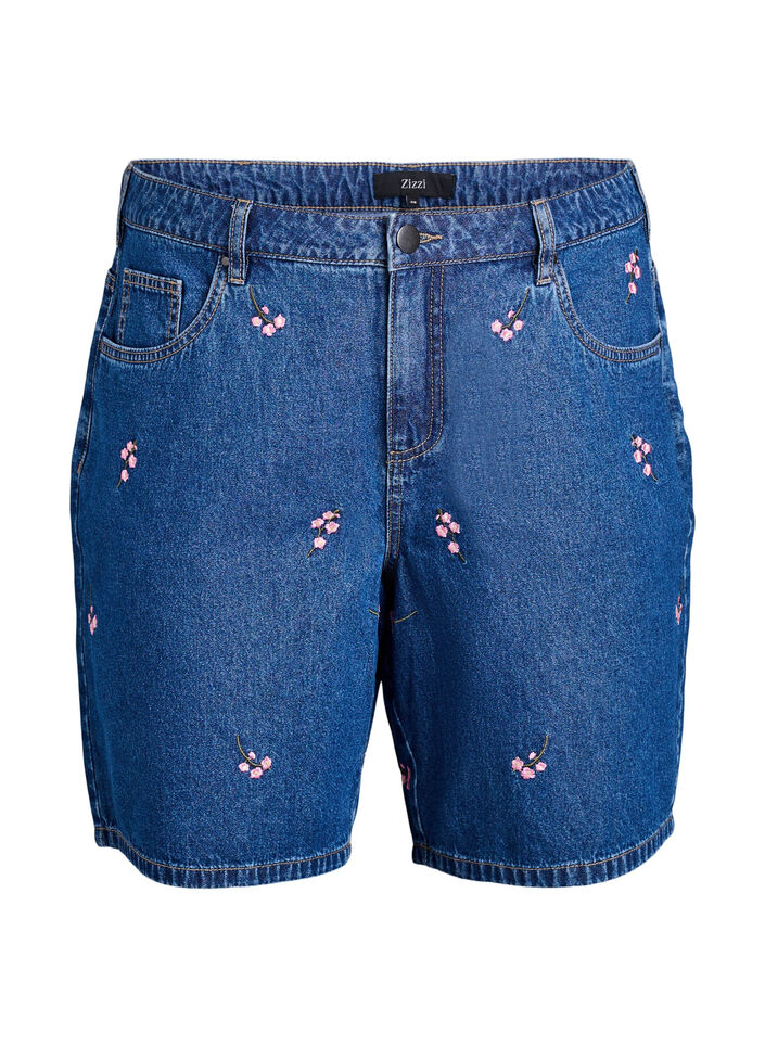 Korte spijkerbroek met geborduurde bloemen, Blauw, Packshot image number 0