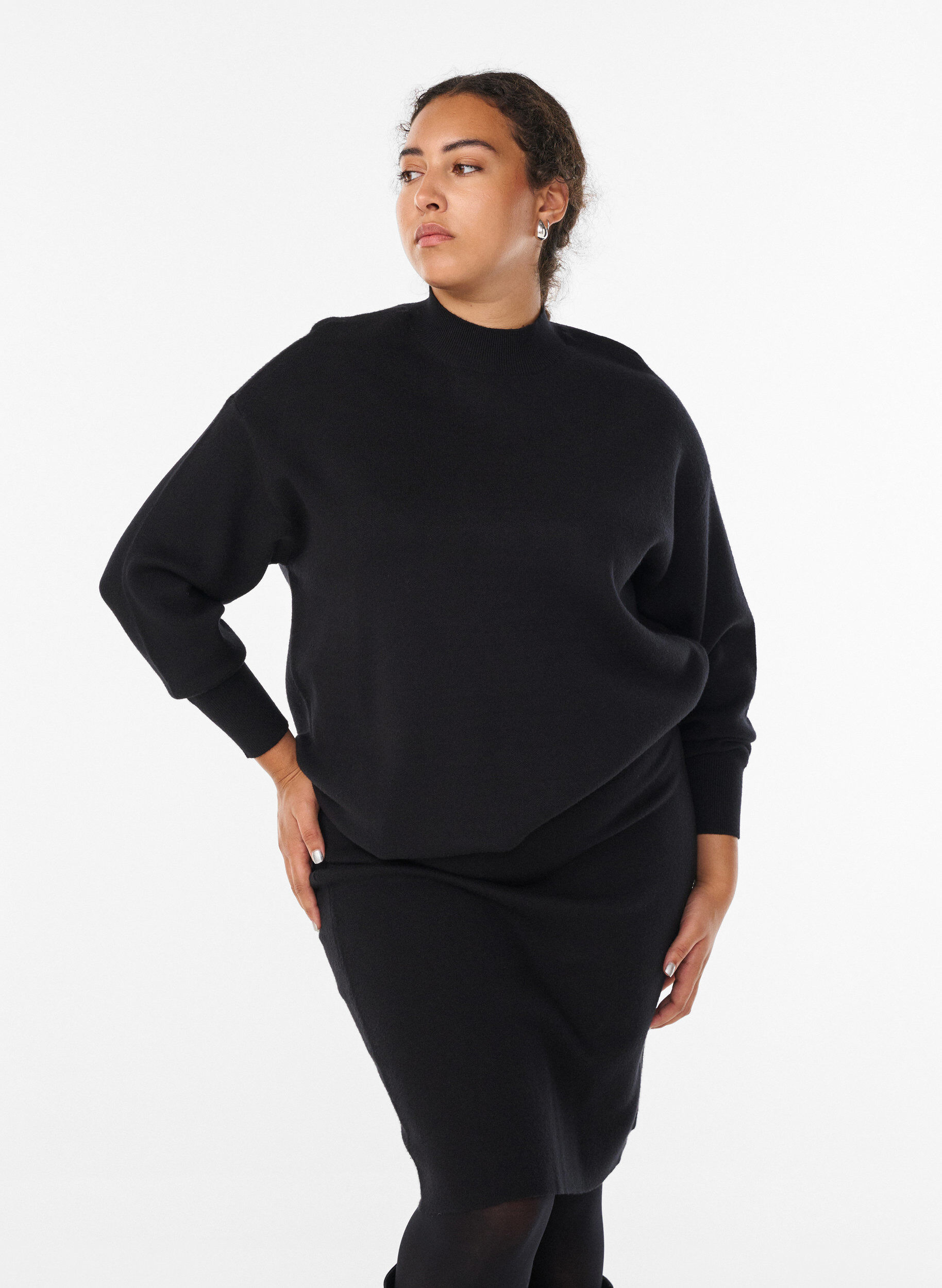 ZizziKorte gebreide rok met een brede tailleband, Zwart, Model image number 1