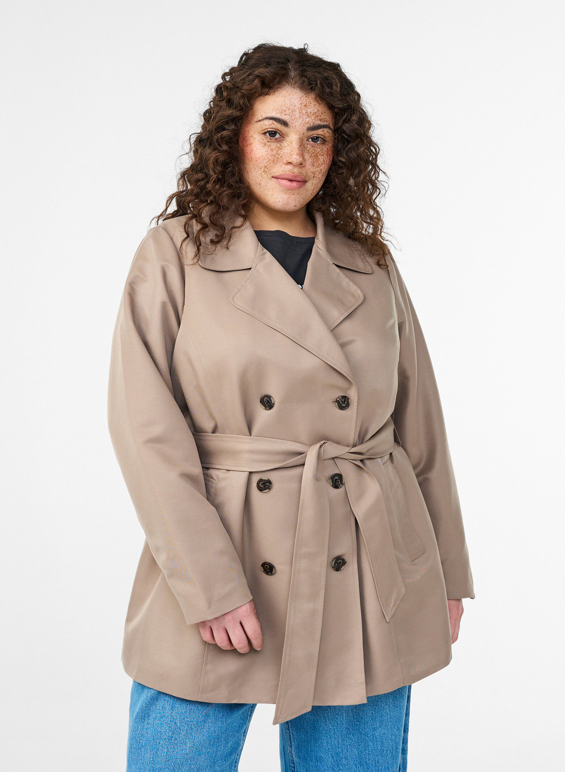 Korte trenchcoat met riem, Grijs, Model