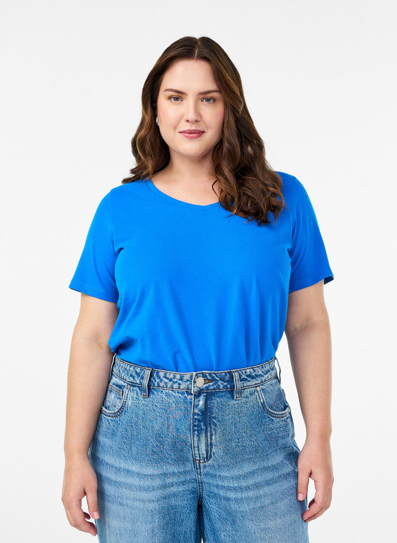 Effen basic katoenen T-shirt, Blauw, Model image number 0