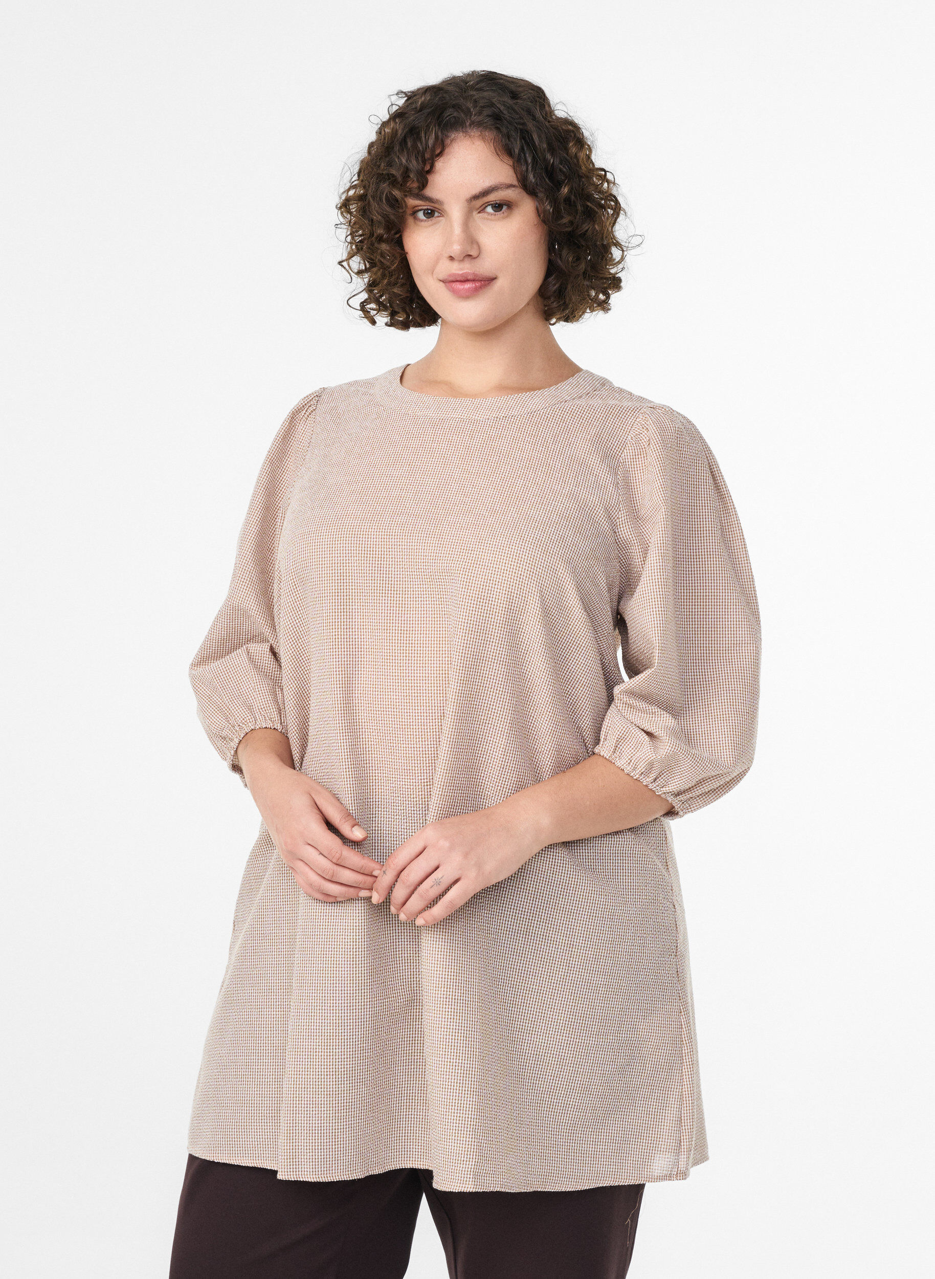 Tunic met A-lijn en korte ballonmouwen, Beige, Model